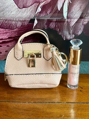 NEW 2-Pc Mini Keychain Handbag with Tassel & Keychain Coin Purse Pink & Lip Oil